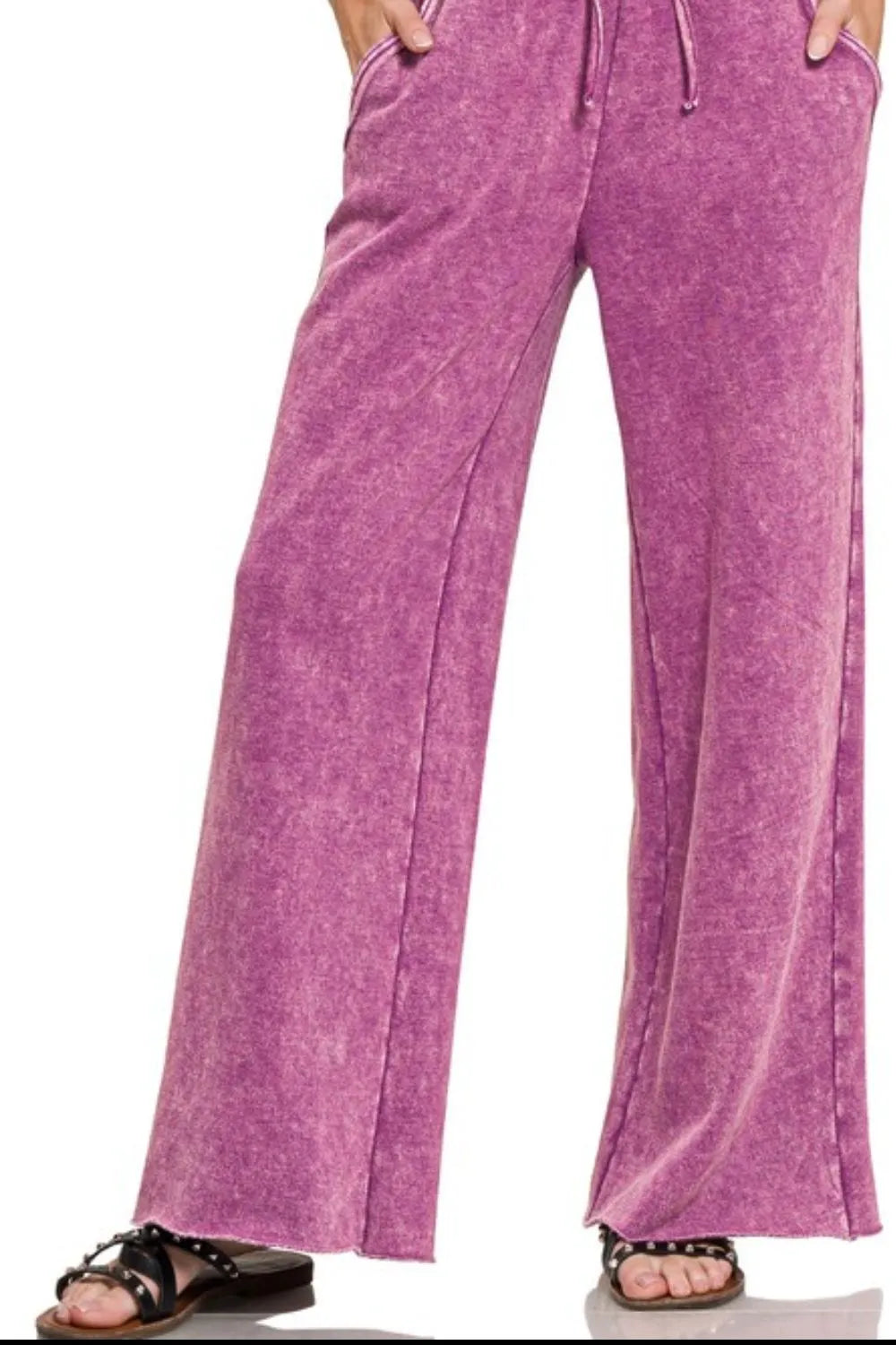 Acid Wash Fleece Palazzo Sweatpants with Pockets