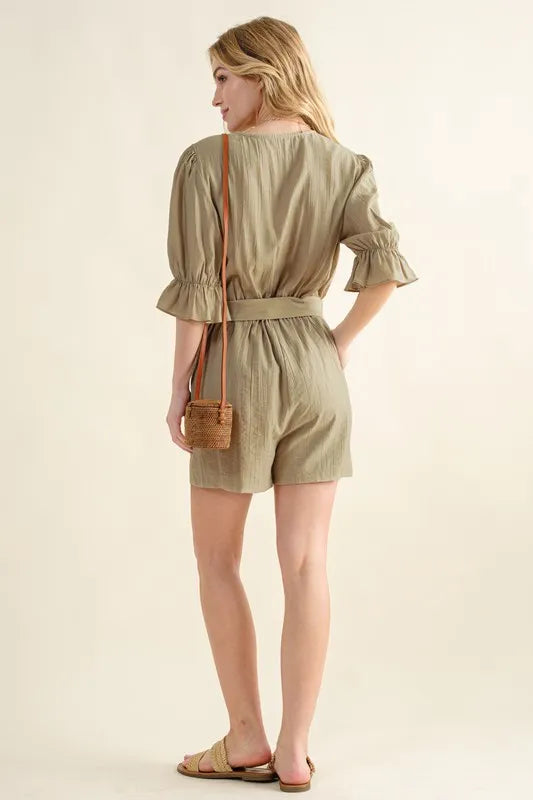 Flounce Sleeves Romper with Belt