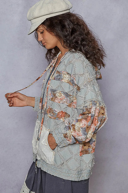 Floral Lace Patch Zip-Up Denim Jacket