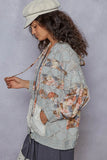 Floral Lace Patch Zip-Up Denim Jacket