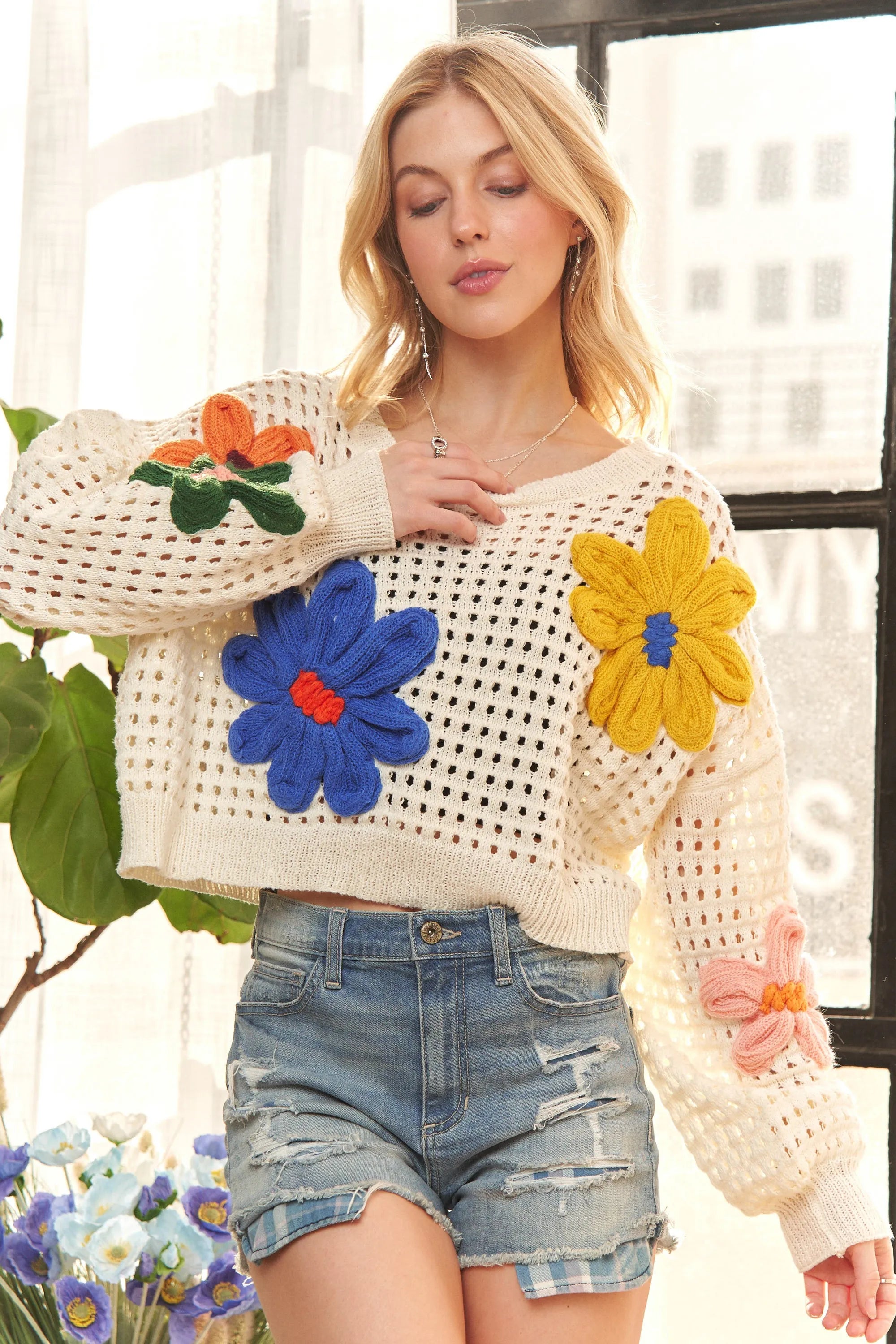 Floral Patch Sweater Crop Top