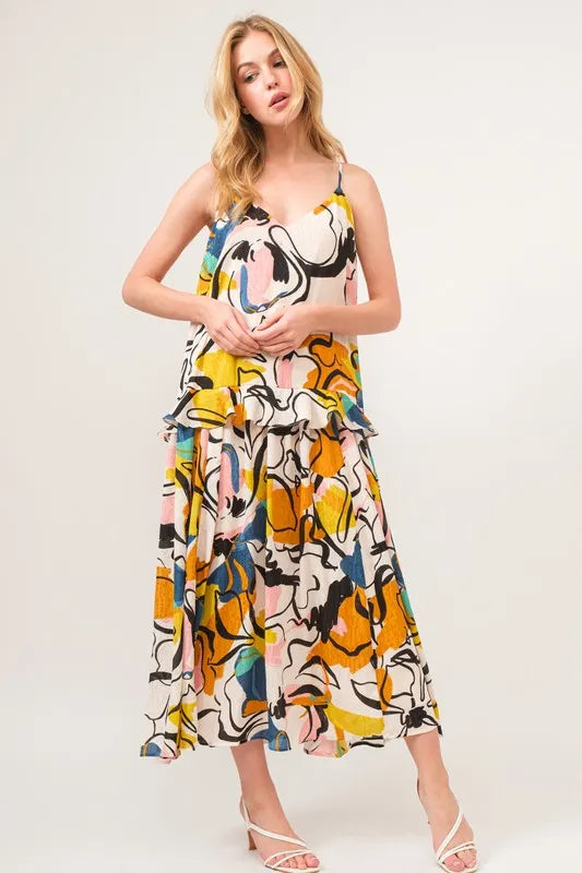Ruffled Abstract Floral Printed Midi Cami Dress