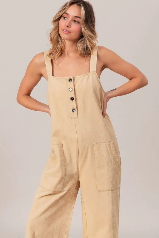 Washed Denim Buttoned Overall Jumpsuit