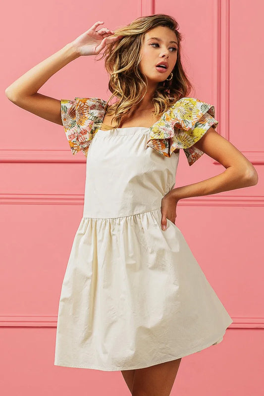 Flower Embroidered Floral Print Sleeve Dress