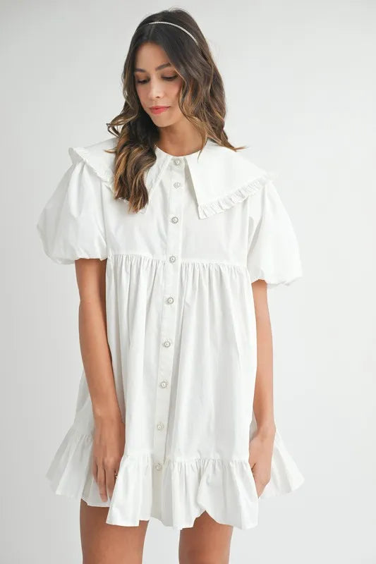 Ruffled Hem Peter Pan Collar Button Down Mini Dress