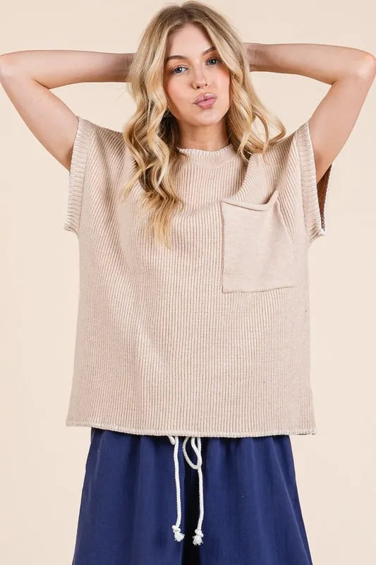 Solid Cap Sleeve Stitch Edge Knit Sweater