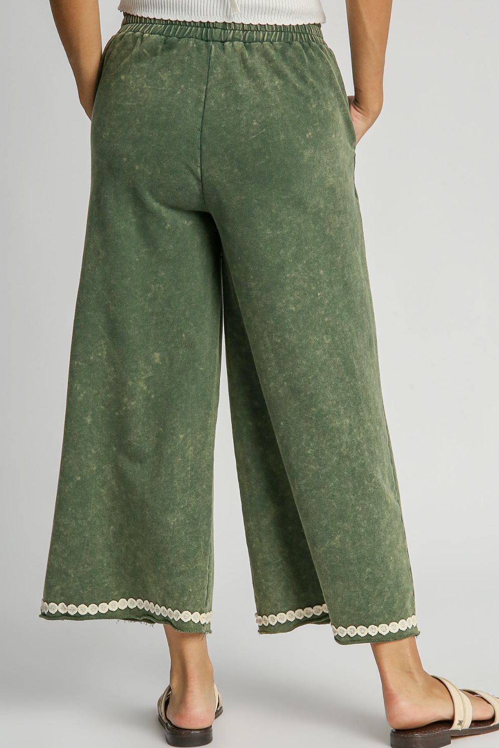 Full Size Peace Lace Applique Mineral Wash Wide Leg Pants Plus Size