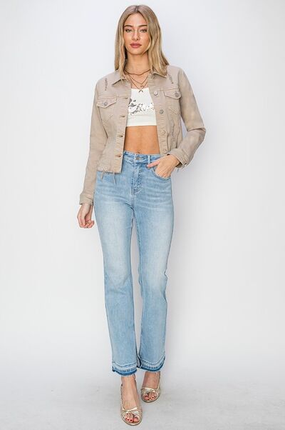 Full Size Raw Hem Button Up Cropped Denim Jacket Plus Size