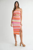 Multi Color Striped Front Cutout Knit Midi Dress
