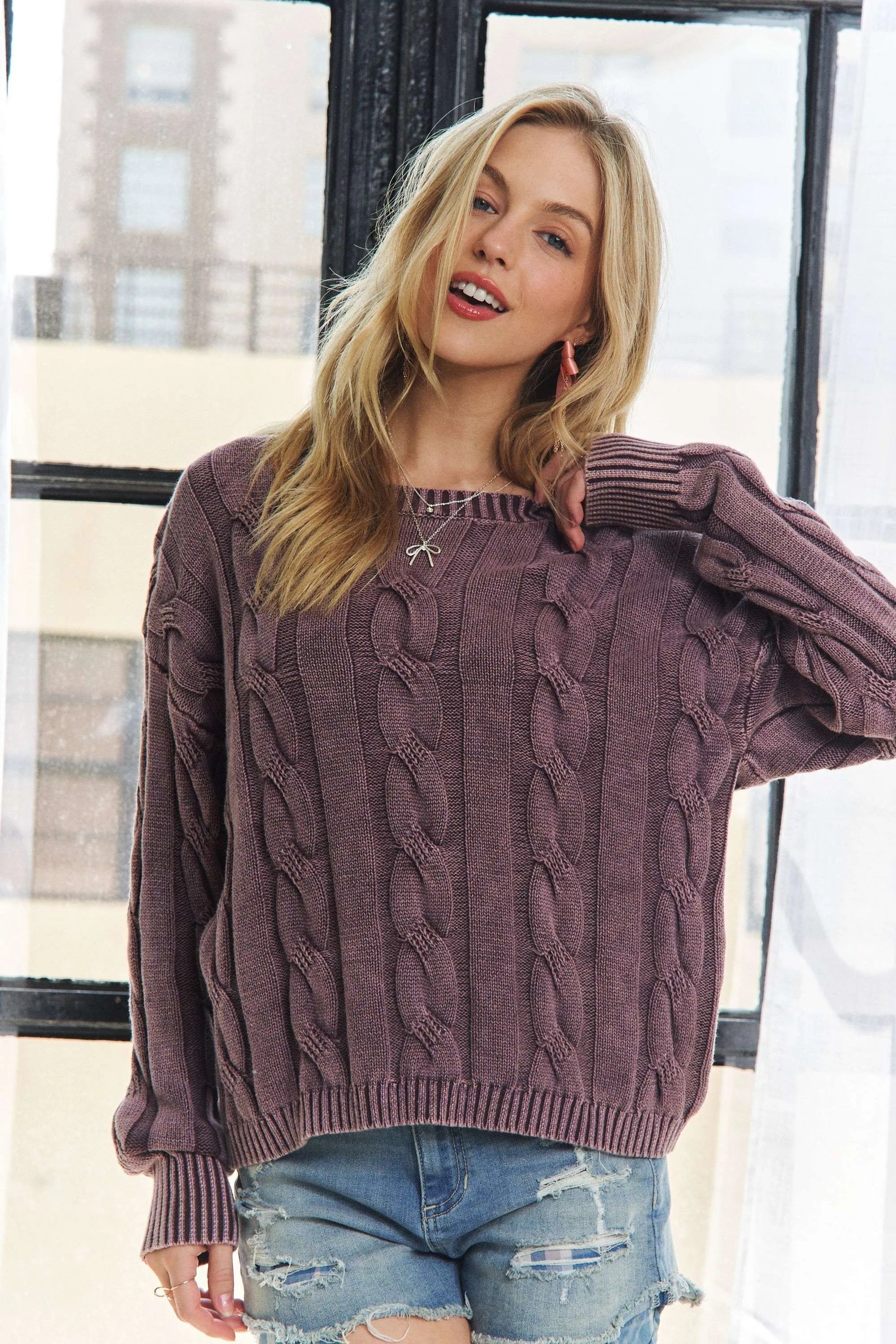 Mineral Washed Cable Knit Sweater Top