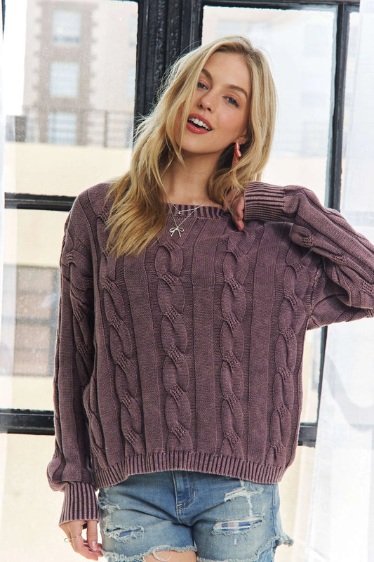 Mineral Washed Cable Knit Sweater Top
