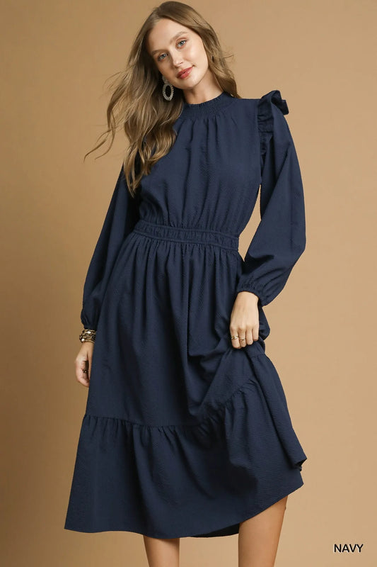 Ruffled Shoulder Midi Dress with Chic Textured Fabric