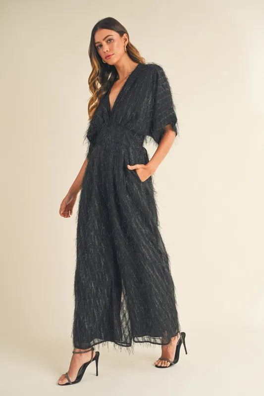 Fluffy Deep V Neck Wide Leg Jumpsuit