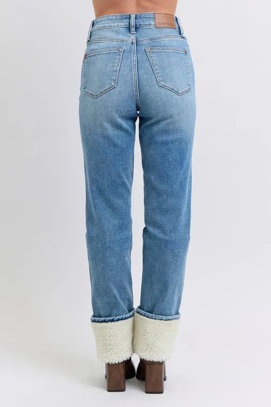 Full Size High Waist Shearling Cuff Straight Plus Size