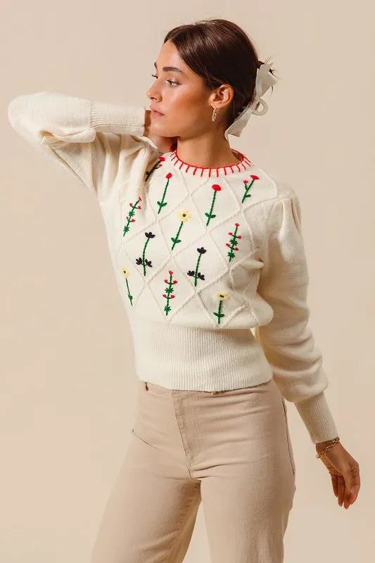 Small Flower Embroidered Sweater Top