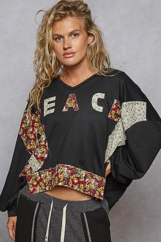 Boho Patchwork Floral V-Neck Sweatshirt