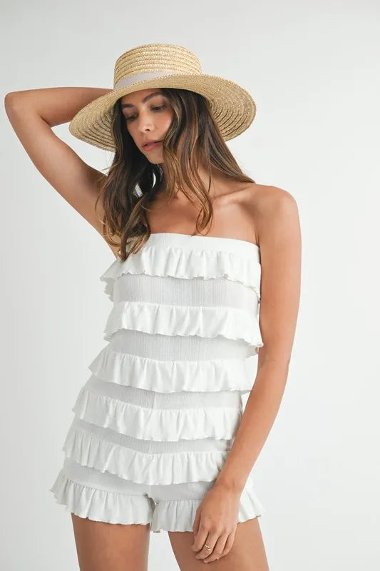 Pointelle Knit Fabric Ruffled Tube Romper