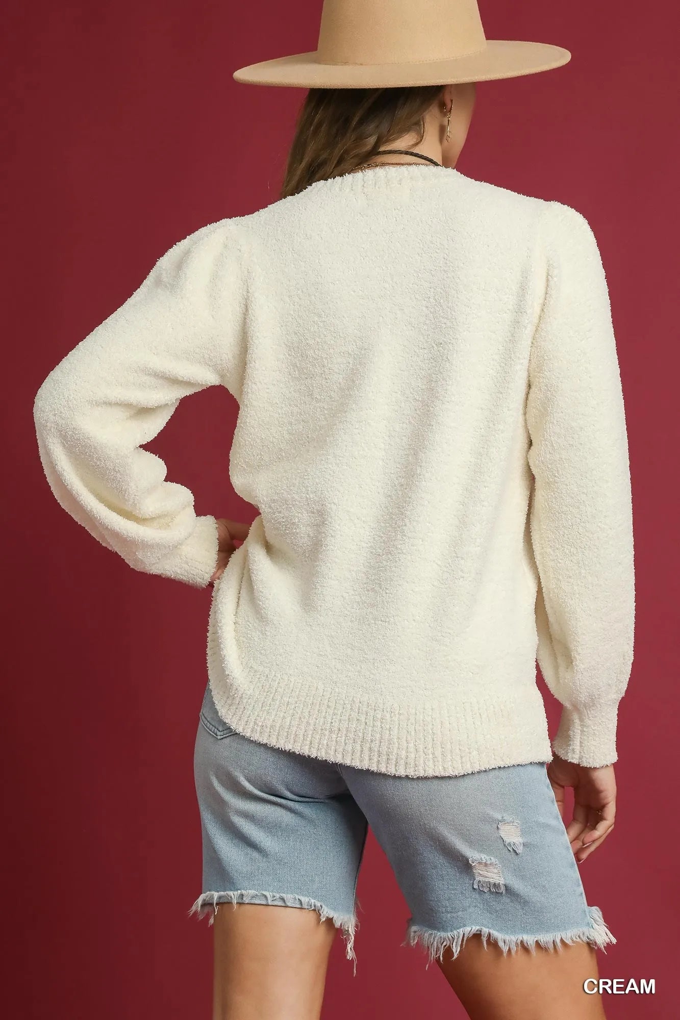 Ribbed Trim Knit Sweater with Textured Sleeves