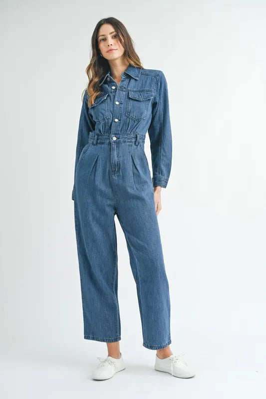 Cinched Waist Straight Leg Denim Jumpsuit