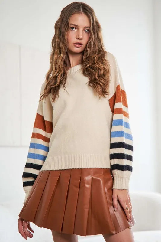 Full Size Stripe Sleeve Cozy Sweater Plus Size