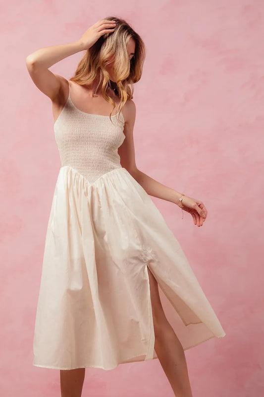 Elastic Smocked Midi Dress with Front Slit