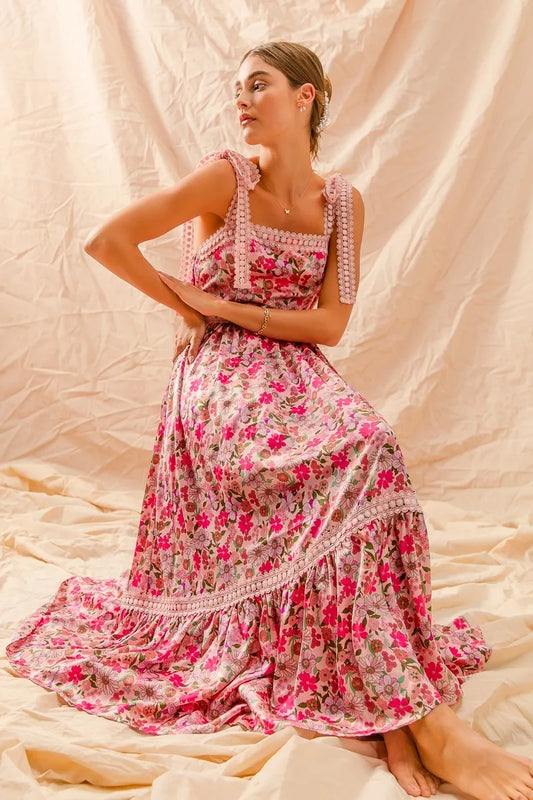 Bohemian Floral Maxi Dress With Adjustable Lace Straps