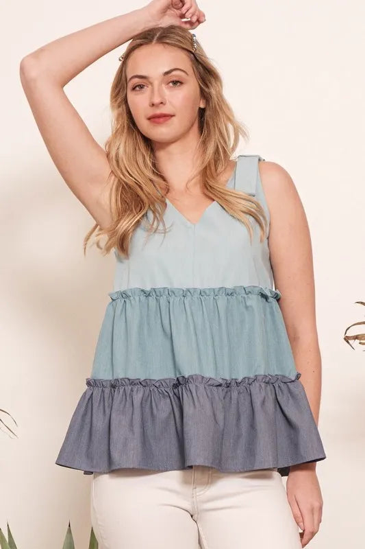 Full Size Color Block V-Neck Baby Doll Sleeveless Top Plus Size