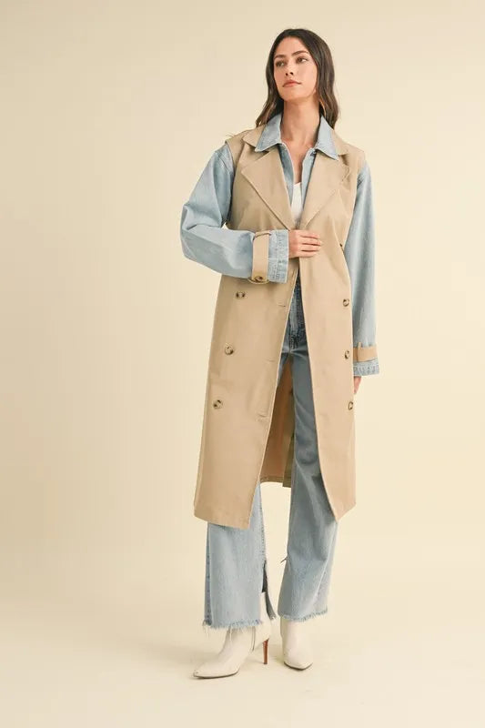 Layered Look Trench Coat With Denim Jacket