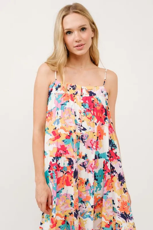 Tiered Floral Midi Cami Dress with Pockets