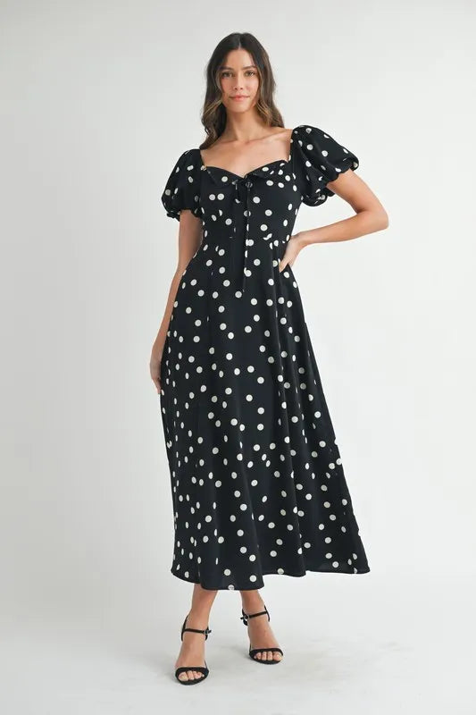 Polka Dot Puff Sleeve Midi Dress