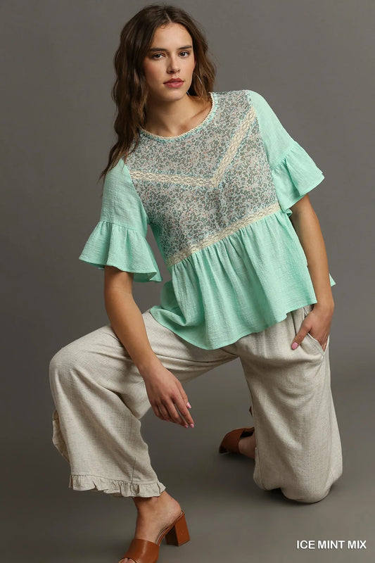 Lace-Embellished Half Sleeve Babydoll Top