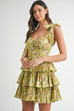 Floral Print Shoulder Tie Layered Mini Dress