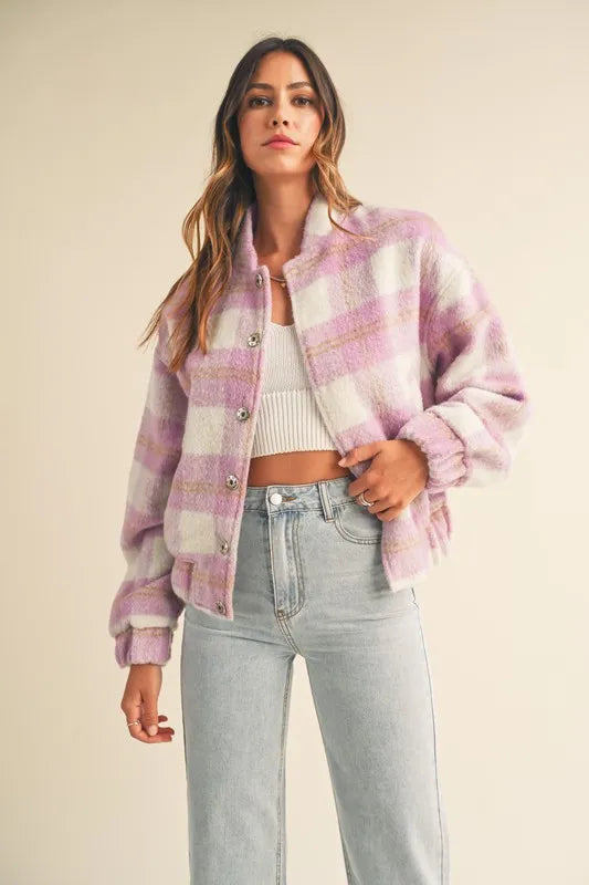 Plaid Print Fuzzy Bomber Jacket
