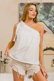 Asymmetric Knit Tank With Ribbon-Tied Shoulder