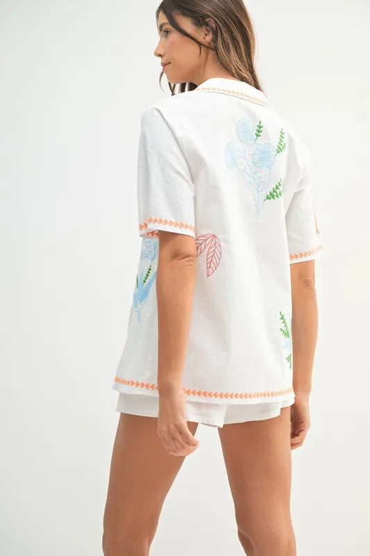 Embroidered Button Down Shirt and Shorts Set