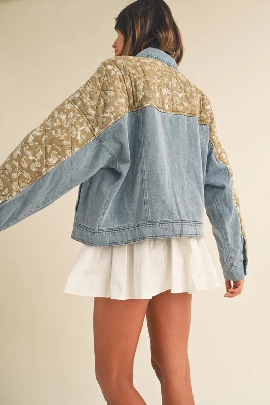 Quilted Paisley Print Contrast Denim Jacket