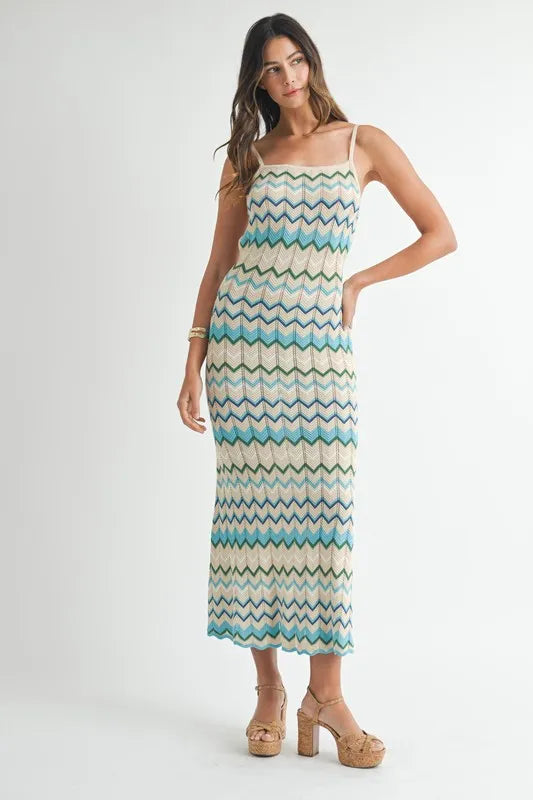 Lightweight Pointelle Chevron Knit Maxi Dress