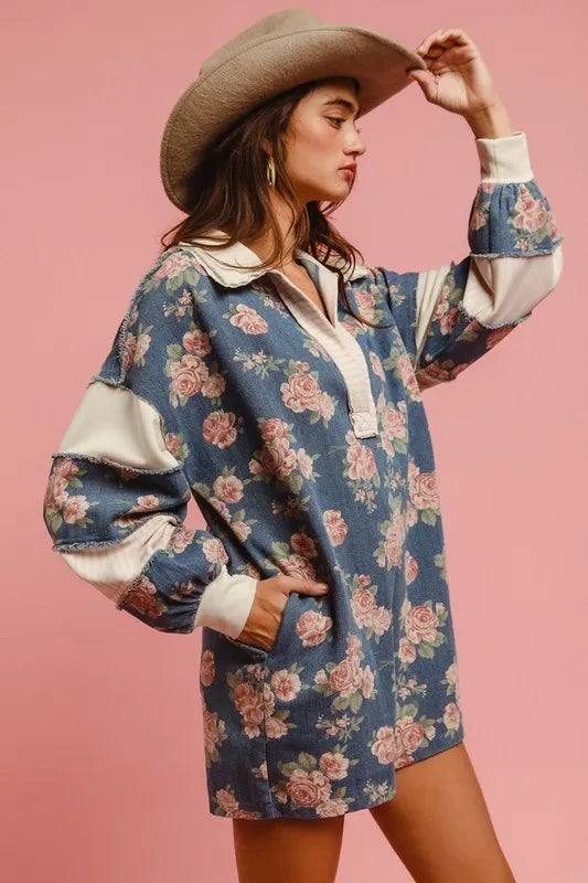 Washed Floral Denim Romper With Contrast Collar