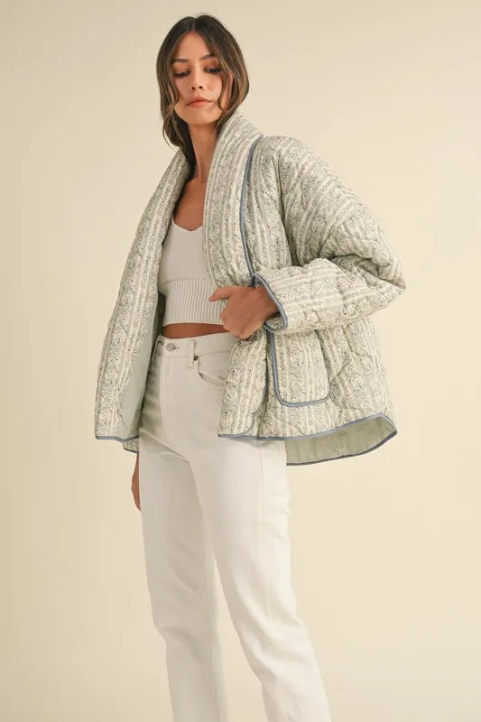 Floral Printed Quilted Open Front Jacket