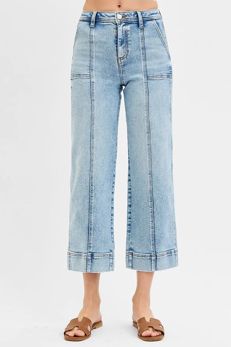 Full Size High-Rise Cropped Seam Stitch Wide-Leg Jeans