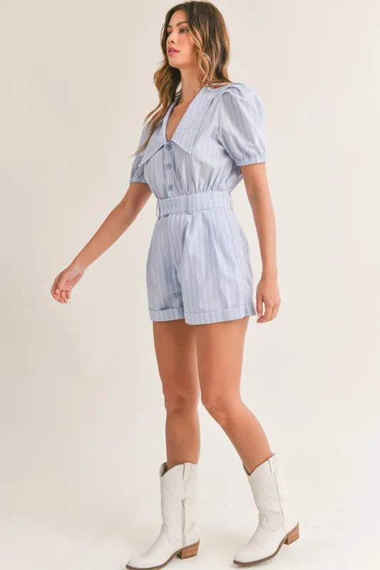 Striped Puff Sleeve Collared Neck Romper