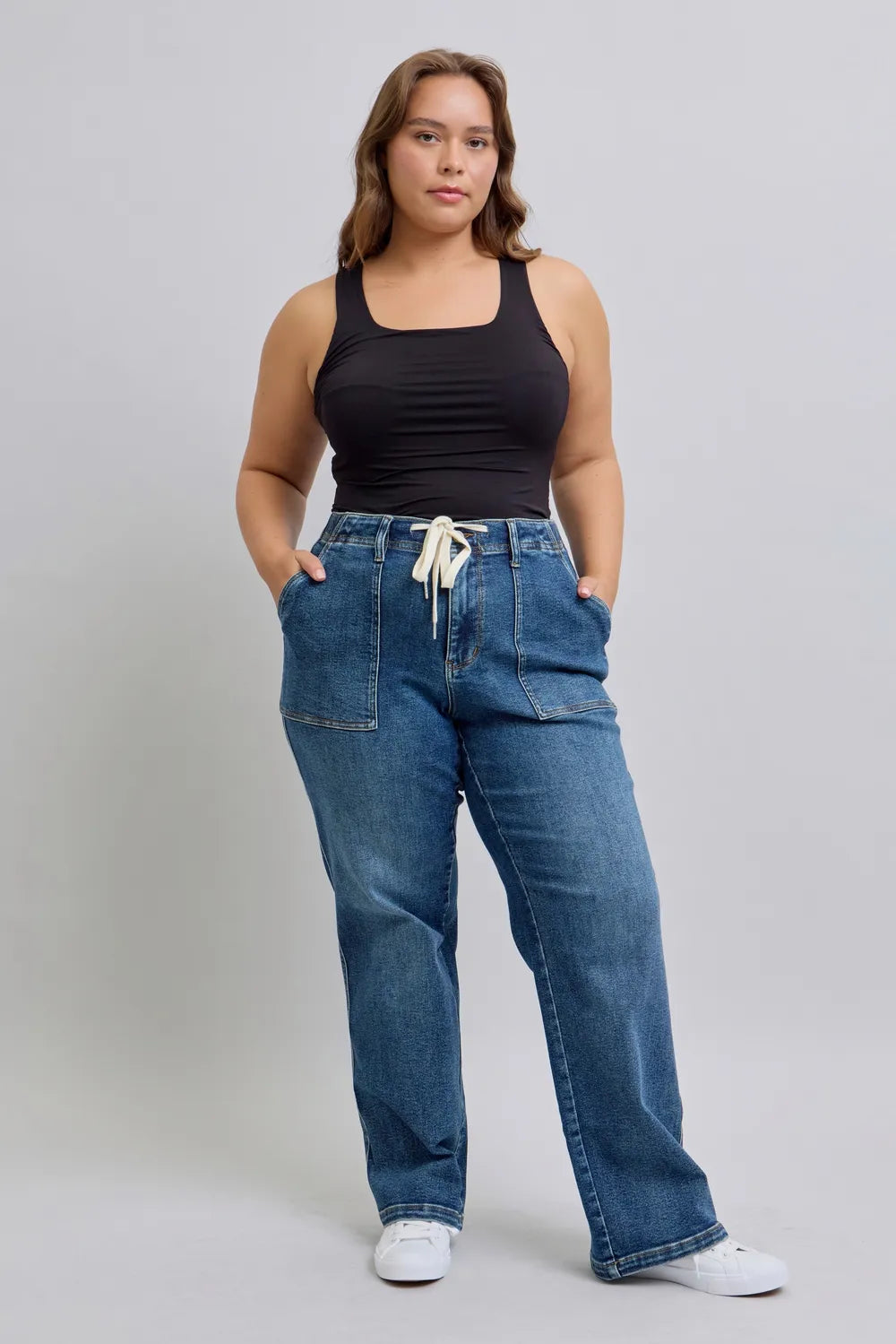 Plus Size High Waist Drawstring Wide Leg Jeans