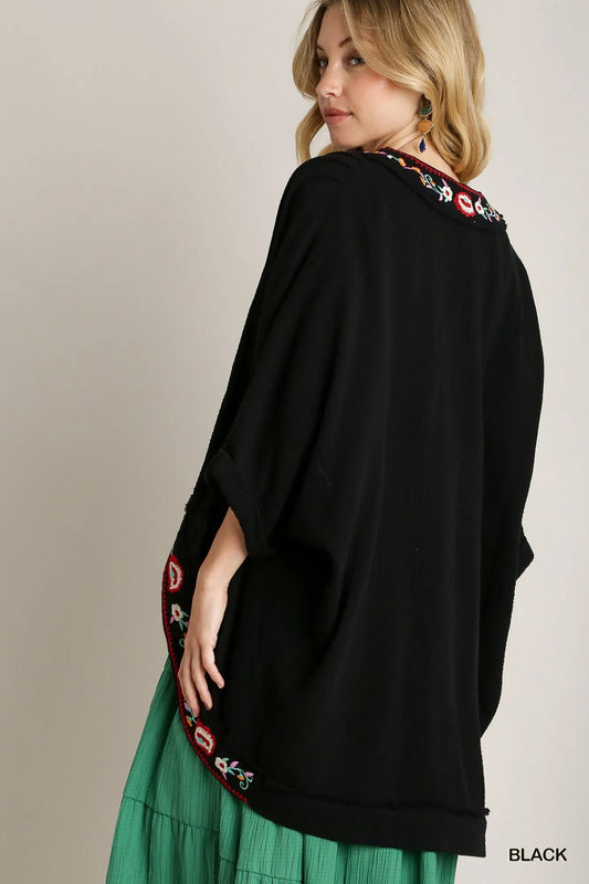 Elegant Embroidered Kimono with Pleated Shoulder Design