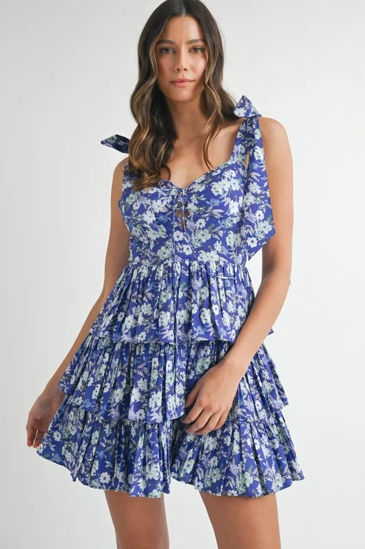 Floral Print Shoulder Tie Layered Mini Dress