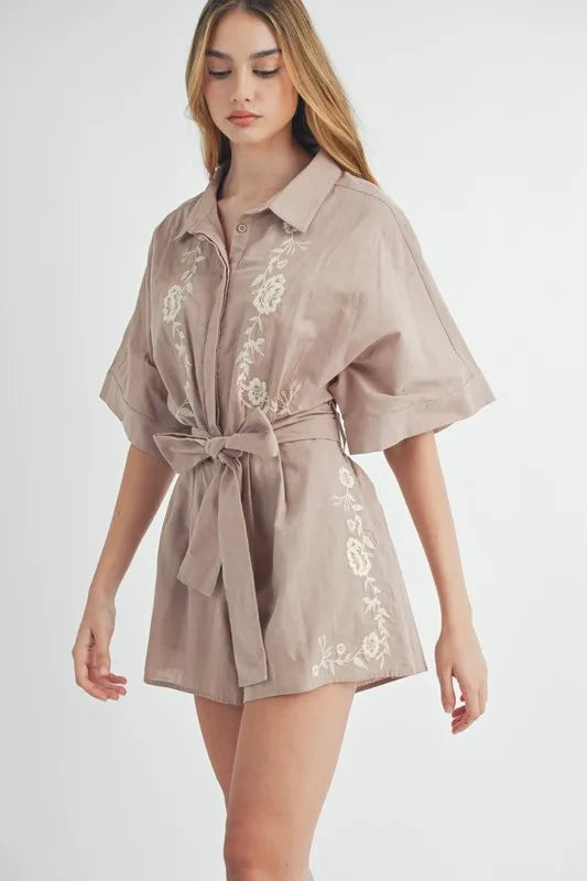 Embroidered Button Down Collared Neck Romper
