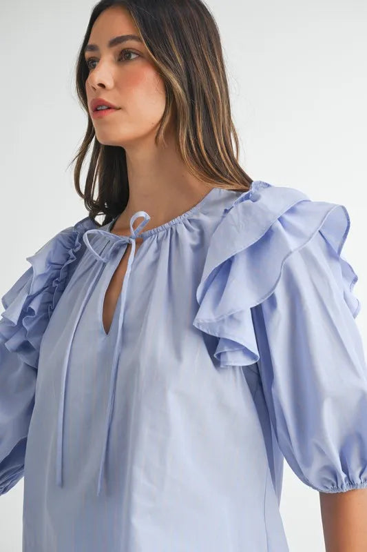 Stripe Ruffle Shoulder Puff Sleeve Blouse