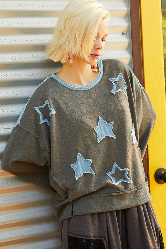 Star Patch Exposed Denim Seam Relaxed Fit Sweater