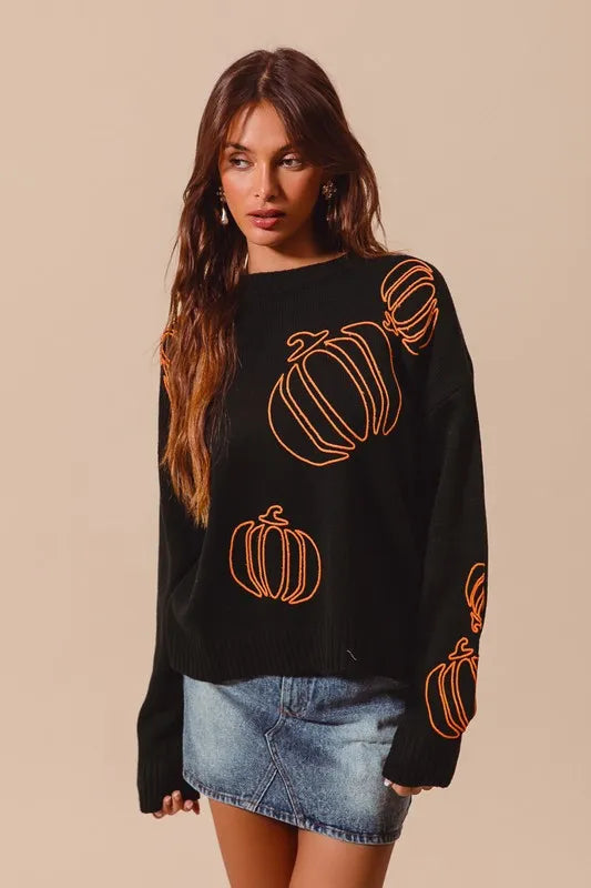 Pumpkin-Themed Festive Holiday Knit Sweater