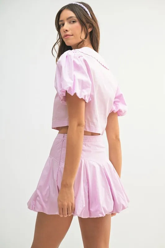 Puff Sleeve Button Down Top and Bubble Skirt Set
