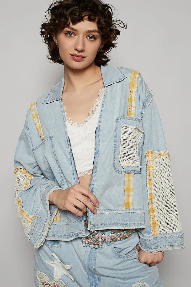 Plaid & Crochet Patched Zip-Up Denim Jacket with Raw Hem